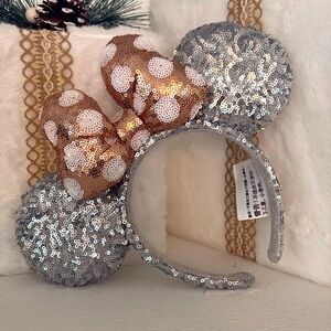 Disney Parks Silver and Rose Gold Sequin Minnie Ears with Polka Dots